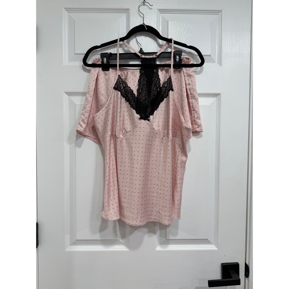 Ambrielle Pink Black Polka Dot Lace Trim Pajama Set Shorts Camisole XL‎